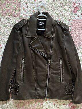 ZARA Grey/Beige Vintage Faux Leather Biker Jacket